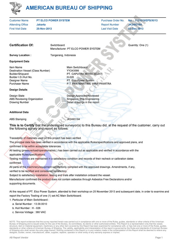Cert MSB & ESB for Pan Marine 18